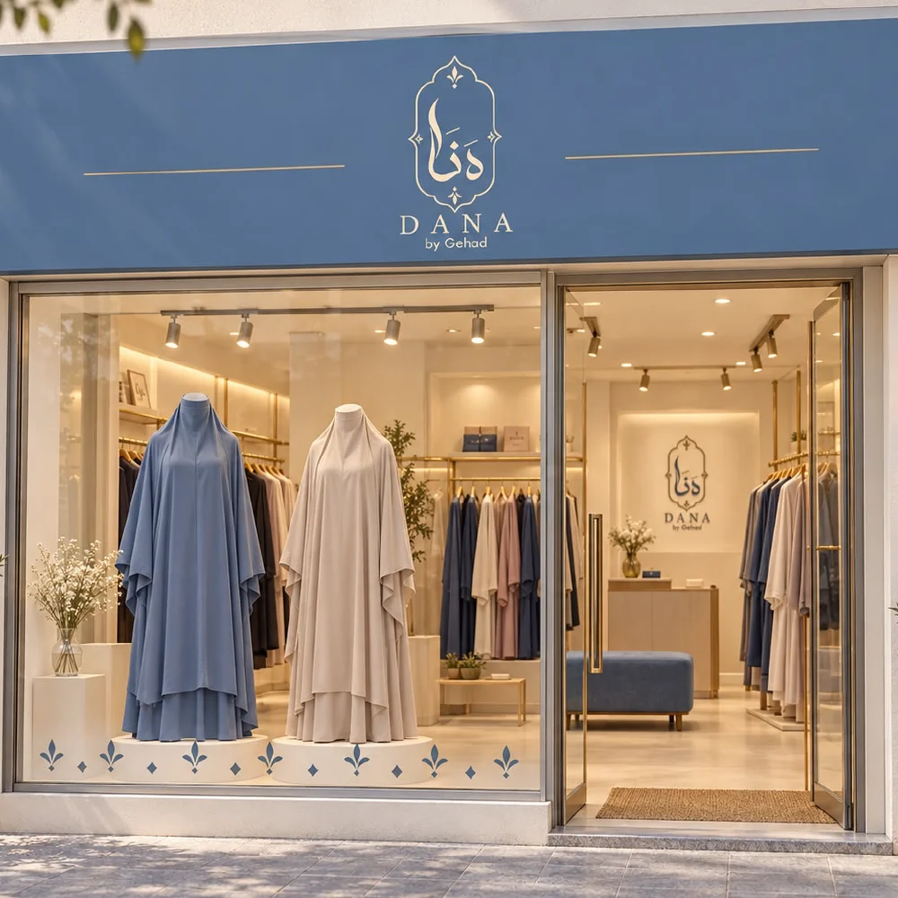 واجهة متجر دَنَا تعرض إسدالات صلاة بدرجات الأزرق والعاجي
